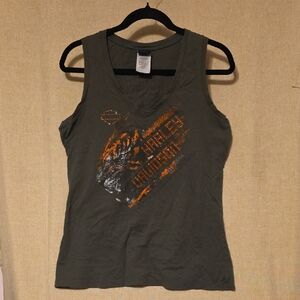 Harley-Davidson Dark Green Tank with Vibrant Orange Design